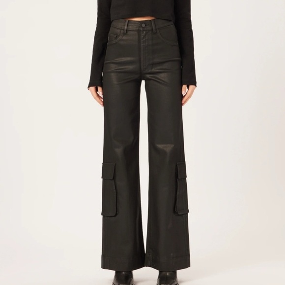 DL1961 Hepburn Wide Leg High Rise Vintage Black Coated Cargo Jeans Pants Sz 33 - Picture 1 of 14